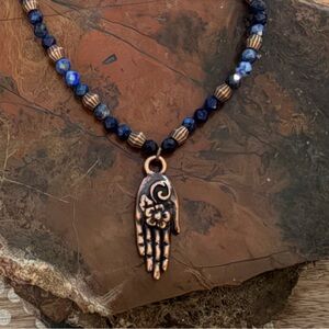 New Mystical Lapis & Copper Beaded Tierracast Floral Hamsa Charm Necklace